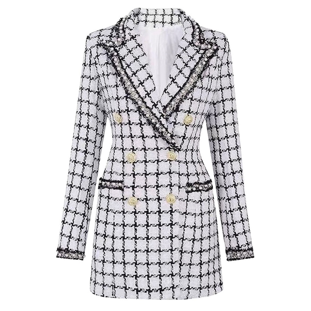 Elegant Double-Breasted Tweed Blazer - Black & White